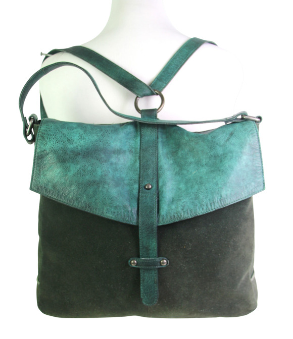 Free People DARK GREEN BLUE REAL LEATHER BACKPACK CONVERTIBLE SHOULDER BAG PURSE main image 5